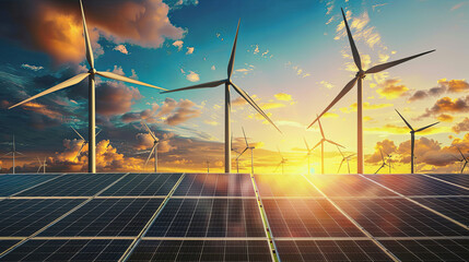 Solar panels in the foreground and wind turbines against a sunset sky, symbolizing renewable energy and sustainability, ideal for environmental-themed events