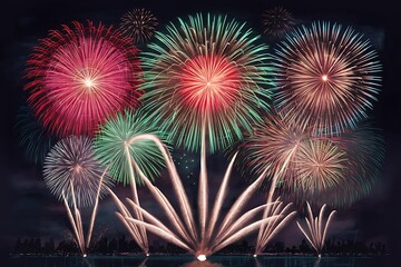 fireworks exploding in the night sky. The scene should capture a variety of colorful fireworks, including bursts of red, green, blue, and yellow, illuminating the darkness