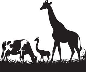 Fototapeta premium natural animal cow is grazing on the grass., vector black color silhouette 
