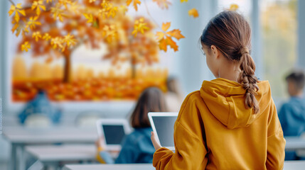 A young student stands in a classroom, holding a tablet, with a digitally projected autumn tree behind her. The photo suggests the theme of education and technology.