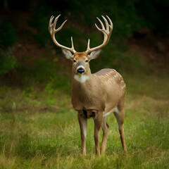Obraz premium Red deer walking on the field with background of forest 