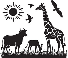 natural animal cow is grazing on the grass., vector black color silhouette 