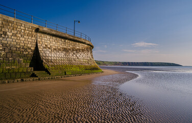 Filey Beach and sea wall, early morning