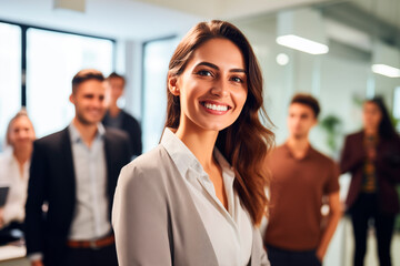 Obraz premium A professional woman in a suit smiles confidently in the foreground, with a diverse group of colleagues blurred in the background. The scene is set in a modern, well-lit office, suggesting a successfu