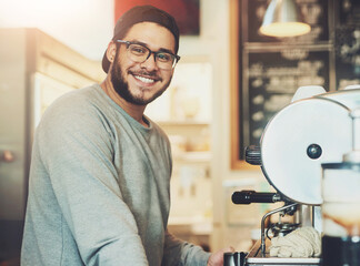 Portrait, barista and man in coffee shop, machine and happiness for startup, business owner and skill. Face, person and entrepreneur with confidence, smile and worker in cafe, professional or service