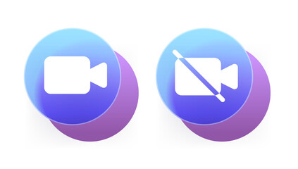 On and off video conference round icons on isolated background. Glass morphism webinar vector sign