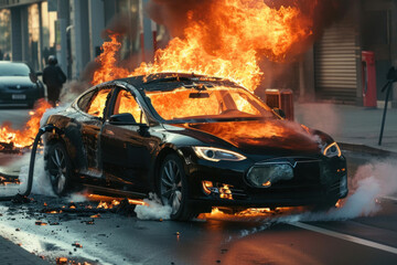 Fototapeta premium Electric car catches fire. Fire hazard from electric vehicles
