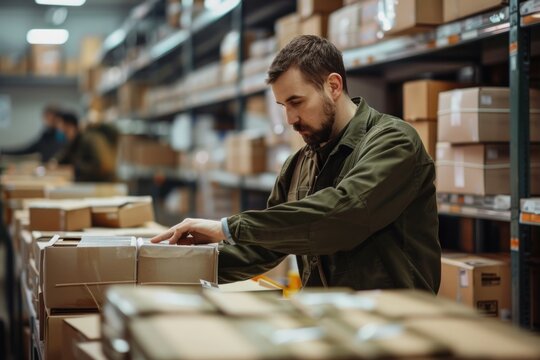 employee at industrial enterprise postman sorting boxes in a post office