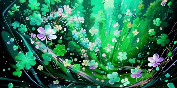 glassy glossy emerald green clover leaves and cherry blossom periwinkle lilac swirling pixie fantasy, pearlescent, glitter, bubbles