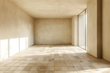 Obraz premium Empty room with textured walls and tiled floor, bathed in natural sunlight from a window, showcasing a warm
