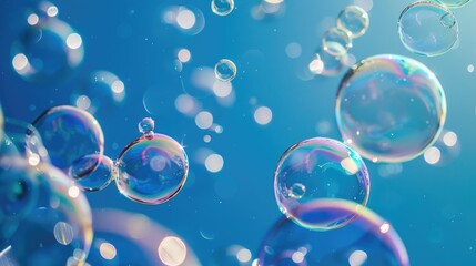 Float in the air soap bubbles on blue backdrop