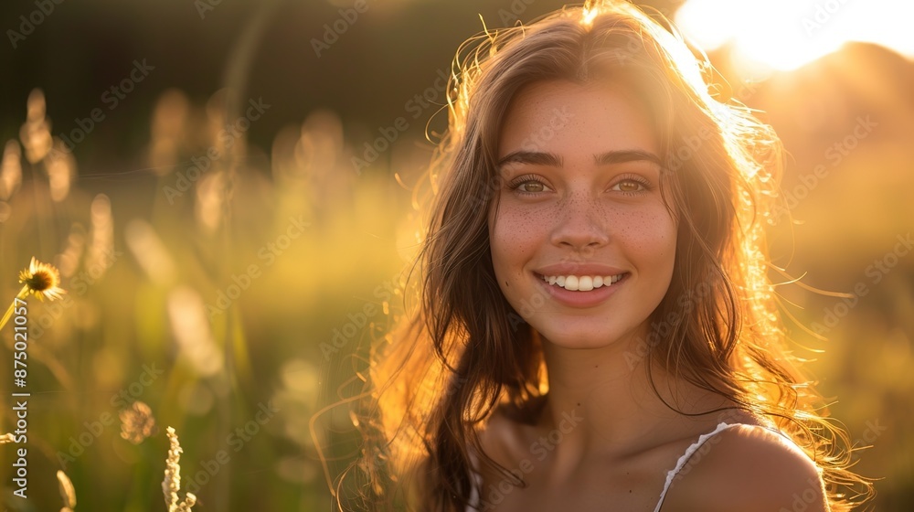 Poster Backlit portrait of a gorgeous brunette young woman looking at the camera smiling