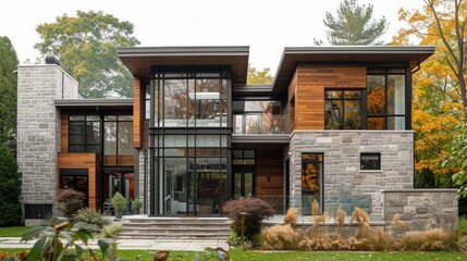 A large house with a stone exterior and a large glass window. Generate AI image