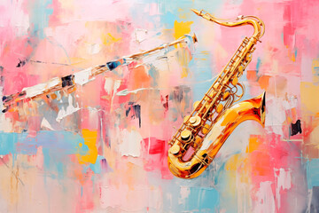 Naklejka premium An abstract music-themed painting with vibrant impasto textures depicting a violin, featuring bold colors and dynamic brushstrokes, creating a visually expressive and artistic composition.