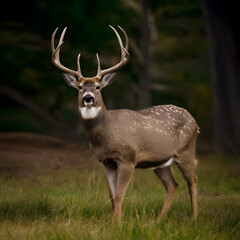 Portrait of majestic red deer stag in the forest on the field standing