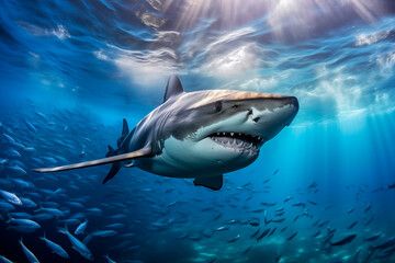 Naklejka premium A great white shark swimming through a school of fish in the ocean, with sunlight filtering through the water, showcasing the dynamic and powerful nature of marine wildlife.