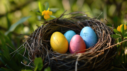 Fototapeta premium Colorful Easter eggs in a bird's nest surrounded by green foliage and yellow flowers. Easter decoration, spring celebration, nature, and holiday concept.