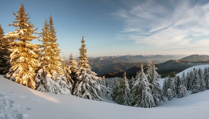 Obraz premium Snowy landscape on a mountain with pine trees