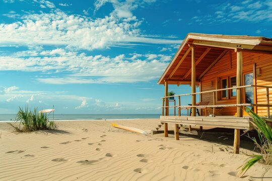 Holiday house on the beach. Wooden house with boards for wind serfing on a sand beach. Summer vacation concept