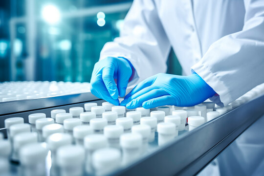 A scientist wearing blue sanitary gloves examines rows of vials in a laboratory setting. The environment is clean, sterile, and professional, indicative of meticulous research work.