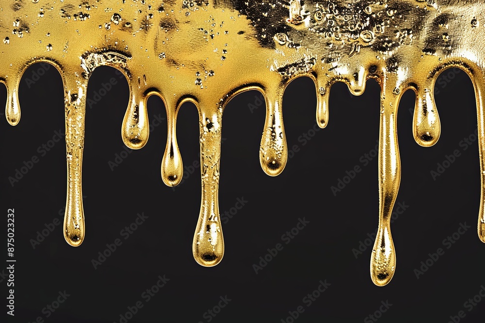 Poster golden paint drips down against a black backdrop, creating a luxurious and abstract image. generativ