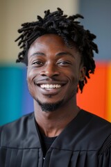 A portrait of a young man wearing a graduation gown, smiling broadly