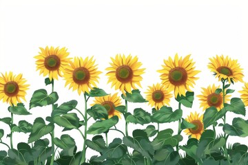 Fototapeta premium A stunning panoramic view of a sunflower field with rows of tall stalks and bright blooms. The image exudes warmth and happiness.