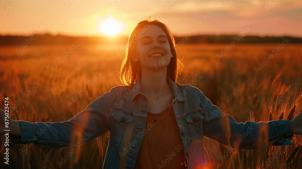 Poster Backlit Portrait of calm happy smiling free woman with open arms and closed eyes enjoys a beautiful moment life on the fields at sunset