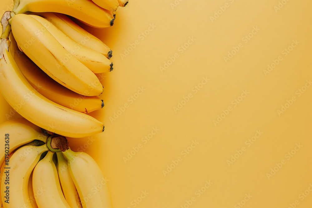 Poster a bunch of bananas on a yellow background, in a top view with copy space for text. in the style of a