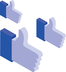 Three thumbs up are giving positive feedback in isometric view on white background