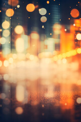 An abstract background with defocused bokeh lights in warm tones of orange, yellow, and blue. The glowing circles create a dreamy, festive atmosphere with a serene and vibrant aesthetic.