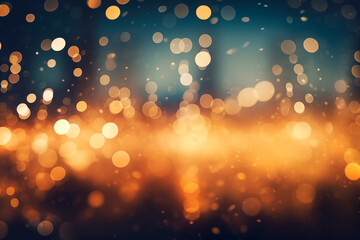 An abstract background with defocused bokeh lights in warm tones of orange, yellow, and blue. The glowing circles create a dreamy, festive atmosphere with a serene and vibrant aesthetic.