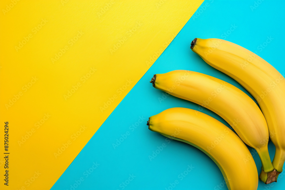 Poster a bunch of bananas on a yellow background, in a top view with copy space for text. in the style of a