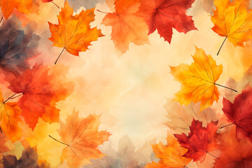 This abstract artwork features vibrant autumn leaves in shades of orange, yellow, and red. The watercolor effect and scattered arrangement create a bright and seasonal pattern.