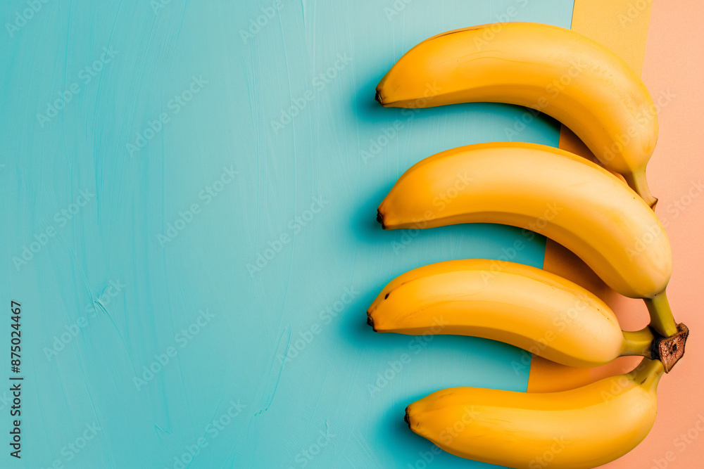 Poster a bunch of bananas on a yellow background, in a top view with copy space for text. in the style of a
