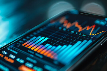 Working on a mobile phone or smartphone, displaying data and a histogram illustrating financial, business, or investment growth concepts