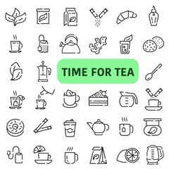 Set of thin line icons with space. Time for tea icons. Everything for tea.