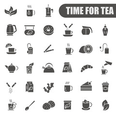 Time for tea icons. Everything for tea. Set of dark full icons.