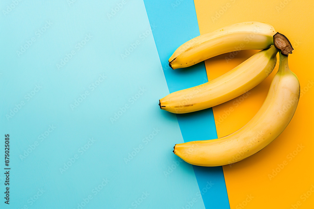 Poster a bunch of bananas on a yellow background, in a top view with copy space for text. in the style of a