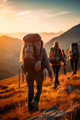 A group of hikers with backpacks trekking through mountainous terrain at sunrise, emphasizing adventure and exploration.