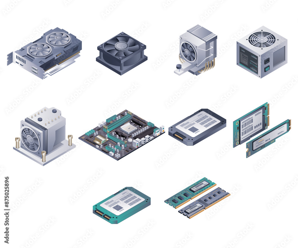 Poster computer hardware components isometric illustration