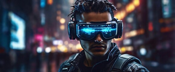 Naklejka premium cyberpunk hacker in a virtual reality setting, surrounded by holographic code, futuristic UI, and virtual landscapes, Surreal Cyberpunk Art Style, Influenced Camera: POV, Lens: Augmented Reality Lens