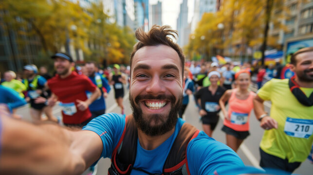 A marathon runner takes selfie during running in marathon smiling and looking at camera with group of runner on blur background on urban city street