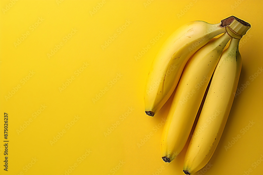 Poster a bunch of bananas on a yellow background, in a top view with copy space for text. in the style of a