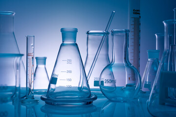 Empty glass flasks placed in a laboratory table