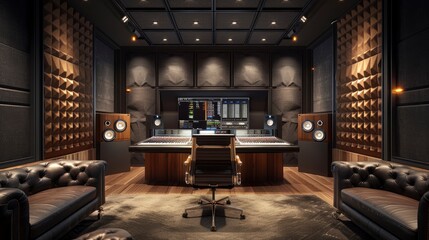 Podcast studio interior with soundproofing panels and digital audio equipment