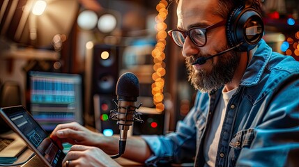 Podcast host preparing show notes on a tablet before recording