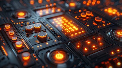 Podcast studio control panel with glowing buttons and digital displays