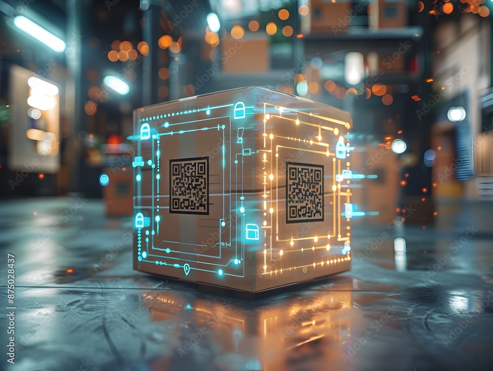 Poster digital parcel box with qr codes and augmented reality elements representing modern technology and l