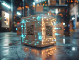 Digital Parcel Box with QR Codes and Augmented Reality Elements Representing Modern Technology and Logistics Concept